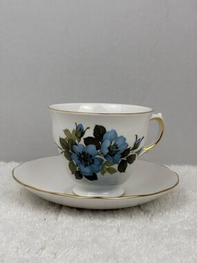 Vintage Royal Vale Blue Floral Bone China Tea Cup and Saucer Set Made in England